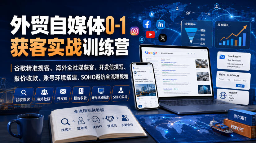 外贸自媒体0-1获客实战训练营｜谷歌精准搜客、海外全社媒获客、开发信撰写、报价收款、账号环境搭建、SOHO避坑全流程教程