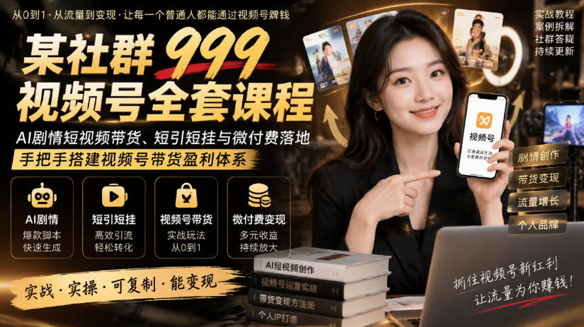 某社群999视频号全套课程，AI剧情短视频带货、短引短挂与微付费落地，手把手搭建视频号带货盈利体系