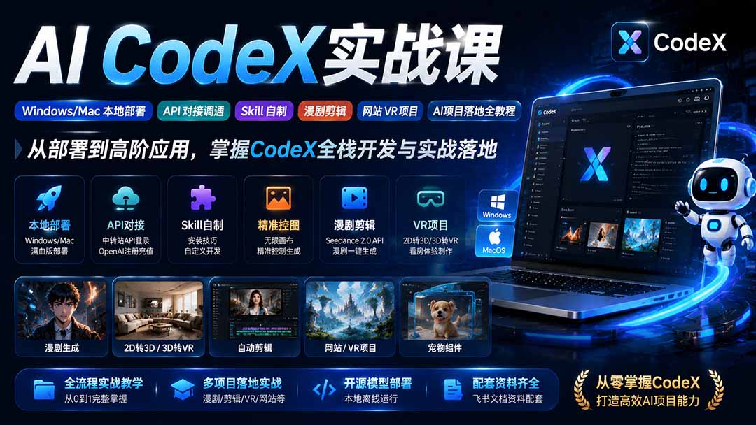 AI  CodeX实战课｜Windows/Mac 本地部署｜API 对接调通｜Skill 自制｜漫剧剪辑｜网站 VR 项目｜AI项目落地全教程