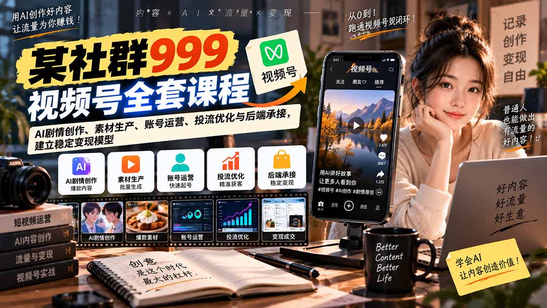 【无水印】某社群999视频号全套课程：AI剧情创作、素材生产、账号运营、投流优化与后端承接，建立稳定变现模型