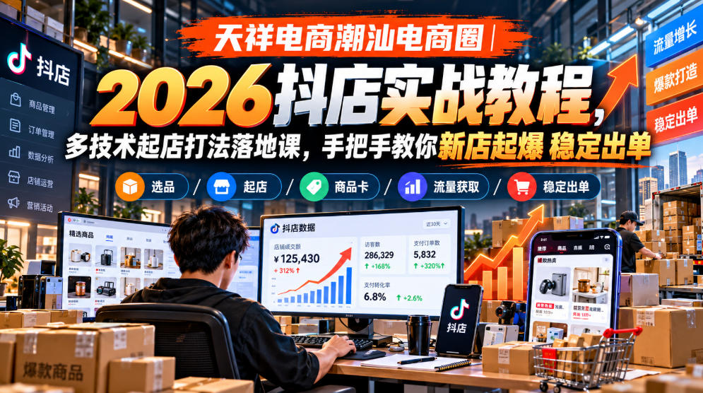 天祥电商潮汕电商圈｜2026抖店实战教程，多技术起店打法落地课，手把手教你新店起爆稳定出单