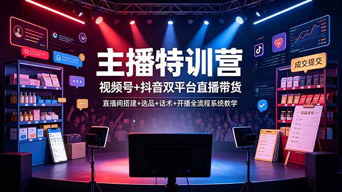 主播特训营：视频号+抖音双平台直播带货，直播间搭建+选品+话术+开播全流程系统教学