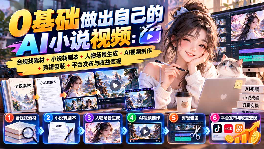 0基础做出自己的AI小说视频：合规找素材+小说转剧本+人物场景生成+AI视频制作+剪辑包装+平台发布与收益变现