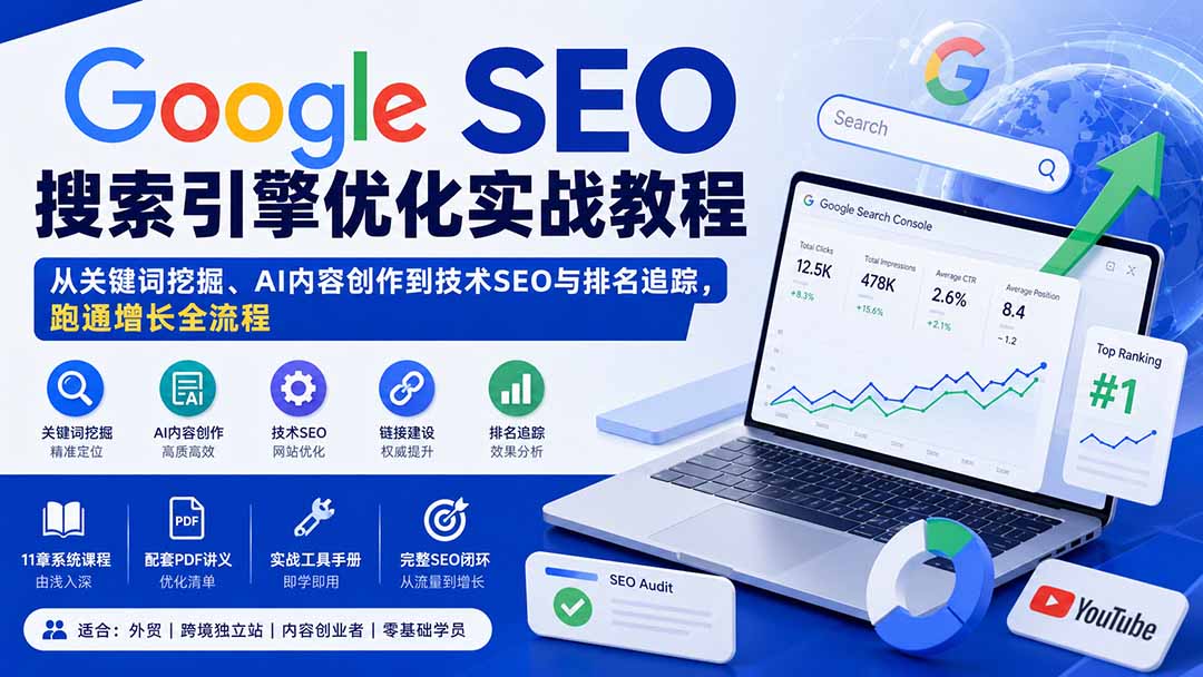 Google SEO搜索引擎优化实战教程：从关键词挖掘、AI内容创作到技术SEO与排名追踪，跑通增长全流程