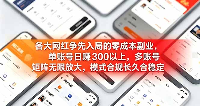 各大网红争先入局的零成本副业，单账号日赚 300 以上，多号矩阵可放大，模式合规长久稳定！