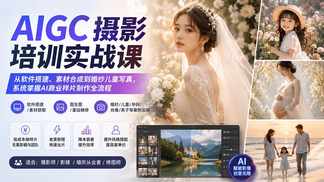 AIGC摄影培训实战课：从软件搭建、素材合成到婚纱儿童写真，系统掌握AI商业样片制作全流程