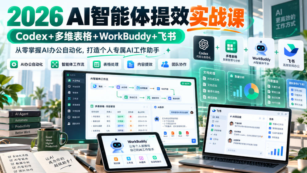 2026 AI智能体提效实战课：Codex+多维表格+WorkBuddy+飞书，从零掌握AI办公自动化，打造个人专属AI工作助手