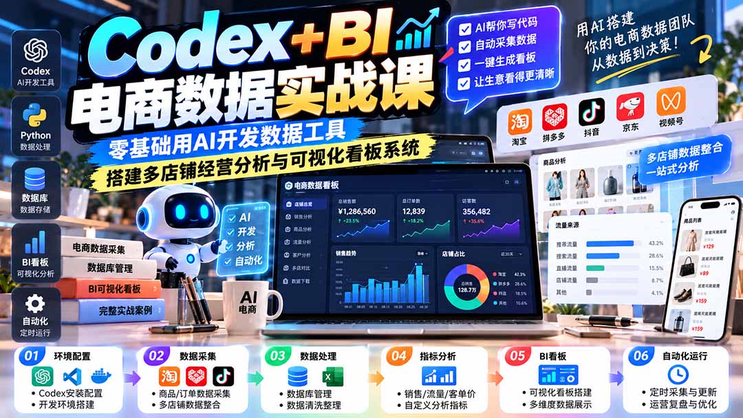 Codex+BI电商数据实战课：零基础用AI开发数据工具，搭建多店铺经营分析与可视化看板系统