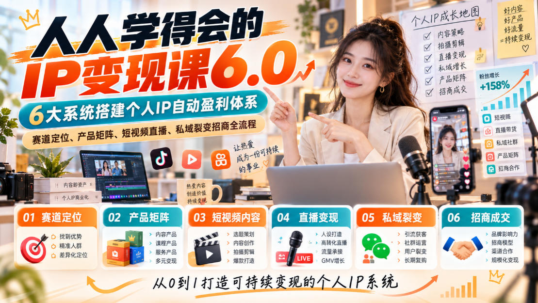 人人学得会的IP变现课6.0，6大系统搭建个人IP自动盈利体系，赛道定位、产品矩阵、短视频直播、私域裂变招商全流程