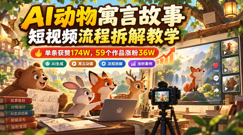 AI动物寓言故事短视频流程拆解教学，单条获赞174W，59个作品涨粉36W
