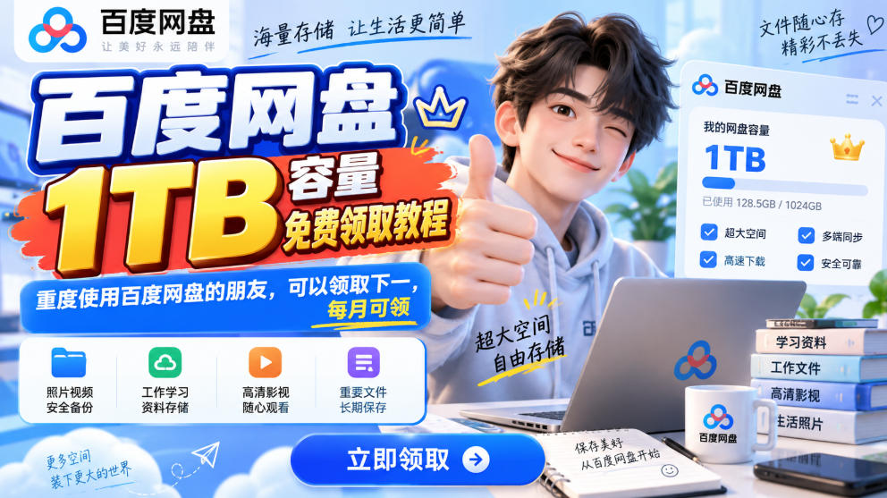 百度网盘1TB容量免费领取教程，重度使用百度网盘的朋友，可以领取下一，每月可领