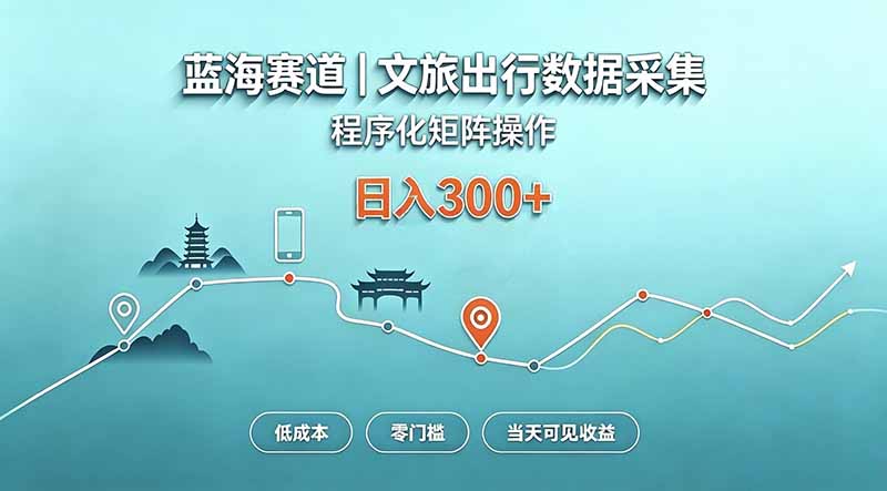 蓝海赛道  文旅出行数据采集  程序化矩阵操作    低成本  零门槛   当天可见收益   日入300+