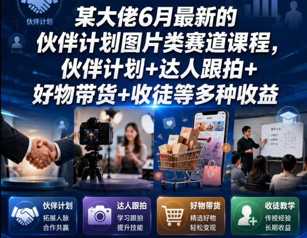 某大佬6月最新的伙伴计划图片类赛道课程，伙伴计划+达人跟拍+好物带货+收徒等多种收益