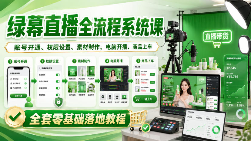 绿幕直播全流程系统课，账号开通、权限设置、素材制作、电脑开播、商品上车全套零基础落地教程