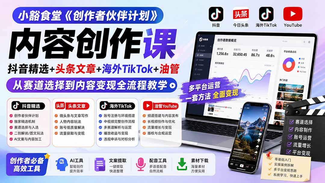 小豁食堂《创作者伙伴计划》内容创作课：抖音精选+头条文章+海外TikTok+油管，从赛道选择到内容变现全流程教学