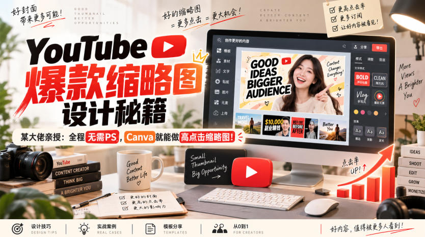 YouTube爆款缩略图设计秘籍，某油管大佬(610万订阅者)亲授，全程无需PS，Canva就能做高点击缩略图！【原创双语字幕】