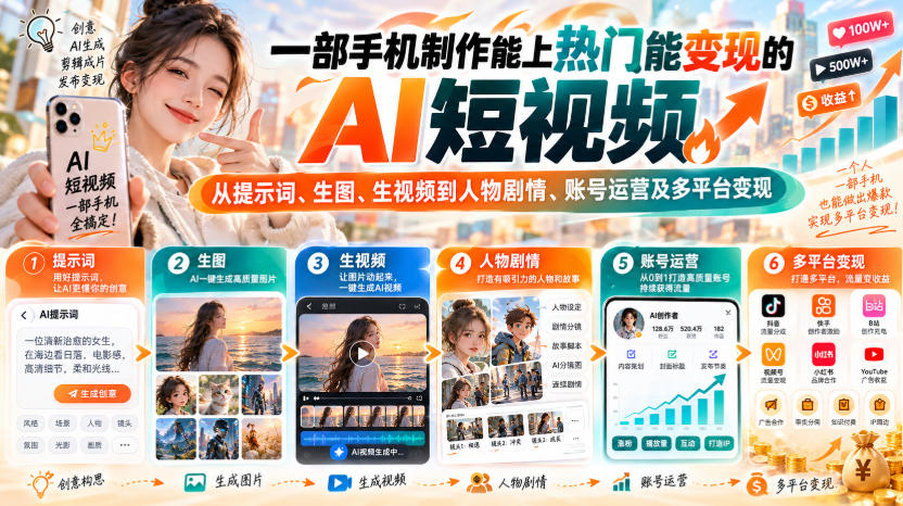 【无水印】一部手机制作能上热门能变现的AI短视频，从提示词、生图、生视频到人物剧情、账号运营及多平台变现（更新）