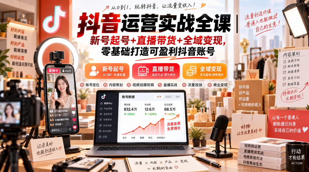 抖音运营实战全课｜新号起号+直播带货+全域变现，零基础打造可盈利抖音账号