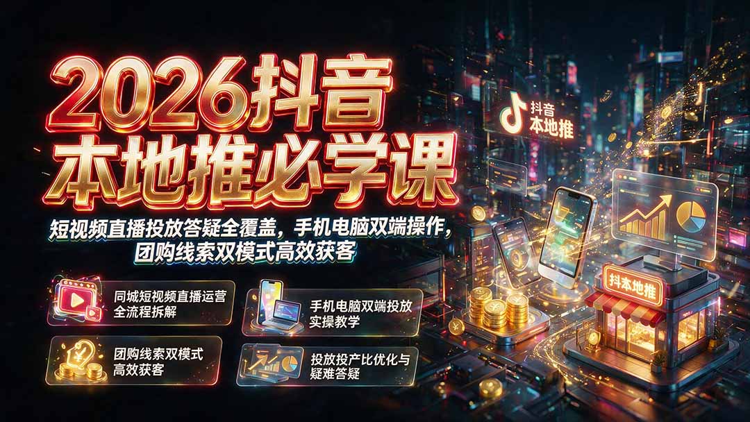 2026抖音本地推必学课｜短视频直播投放答疑全覆盖，手机电脑双端操作，团购线索双模式高效获客