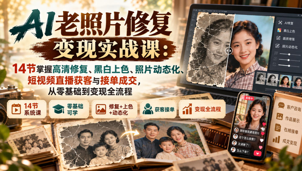 AI老照片修复变现实战课:14节掌握高清修复、黑白上色、照片动态化、短视频直播获客与接单成交,从零基础到变现全流程