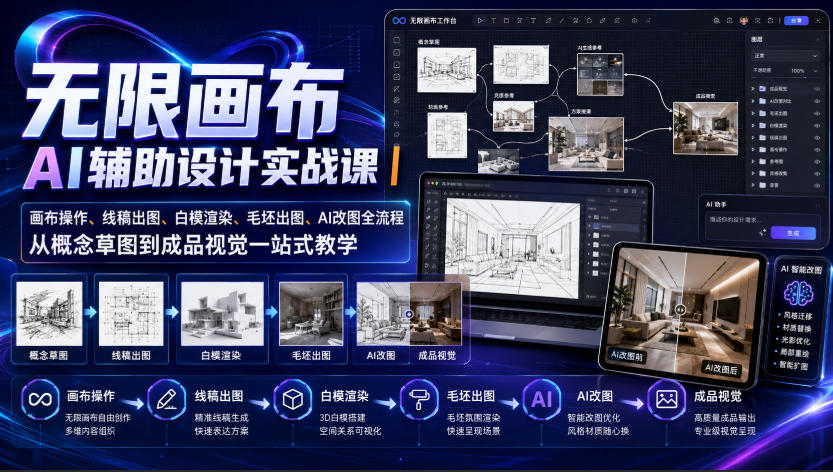无限画布AI辅助设计实战课｜画布操作、线稿出图、白模渲染、毛坯出图、AI改图全流程，从概念草图到成品视觉一站式教学(更新0923)