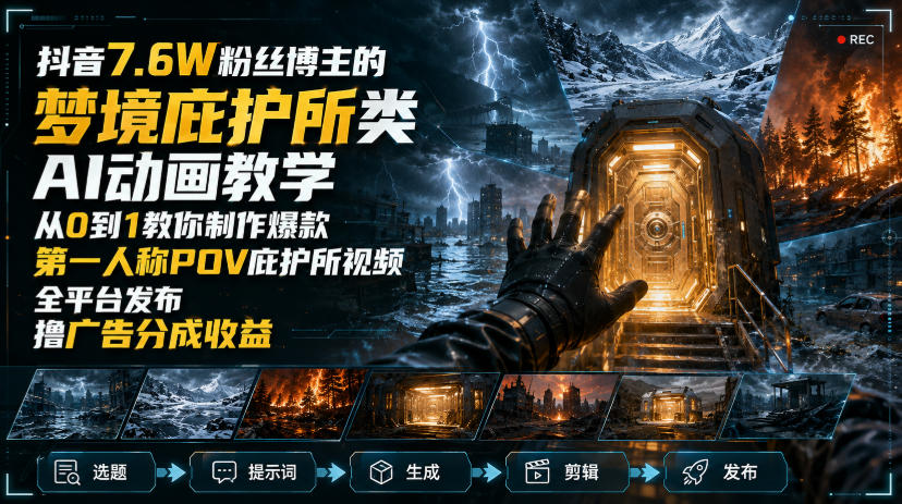抖音7.6W粉丝博主的梦境庇护所类AI动画教学，从0到1教你制作爆款第一人称POV庇护所视频，全平台发布撸广告分成收益