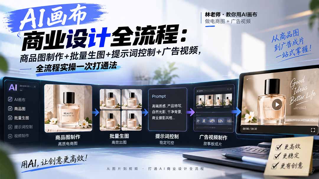 AI画布商业设计全流程-更新1026：商品图制作+批量生图+提示词控制+广告视频，全流程实操一次打通法