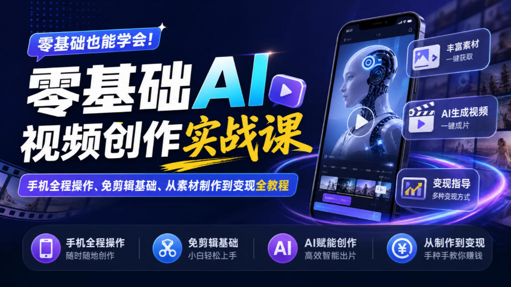 零基础AI视频创作实战课｜手机全程操作、免剪辑基础、从素材制作到变现全教程​