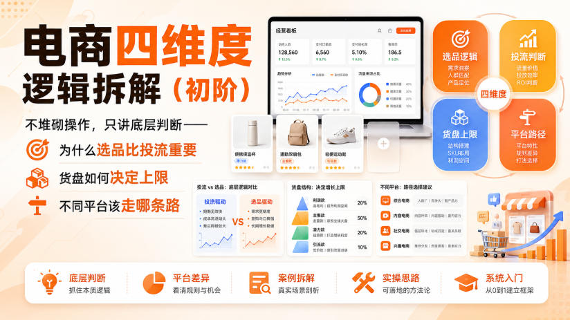 电商四维度逻辑拆解(初阶)不堆砌操作，只讲底层判断——为什么选品比投流重要、货盘如何决定上限、不同平台该走哪条路