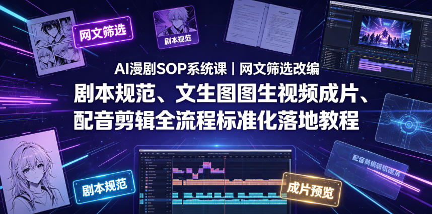 AI漫剧SOP系统课｜网文筛选改编、剧本规范、文生图图生视频成片、配音剪辑全流程标准化落地教程(更新0826)