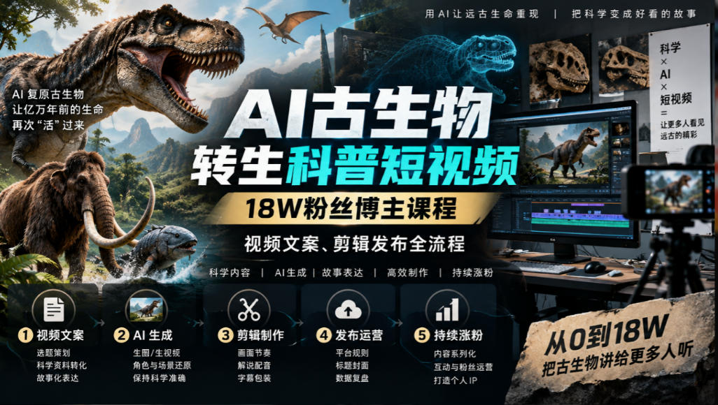 AI古生物转生科普短视频，18W粉丝博主课程，视频文案、剪辑发布全流程