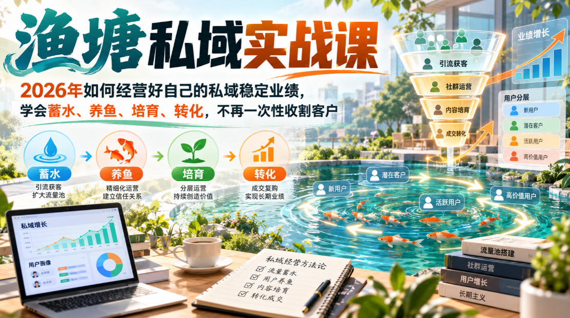 渔塘私域实战课，2026年如何经营好自己的私域稳定业绩，学会蓄水、养鱼、培育、转化，不再一次性收割客户