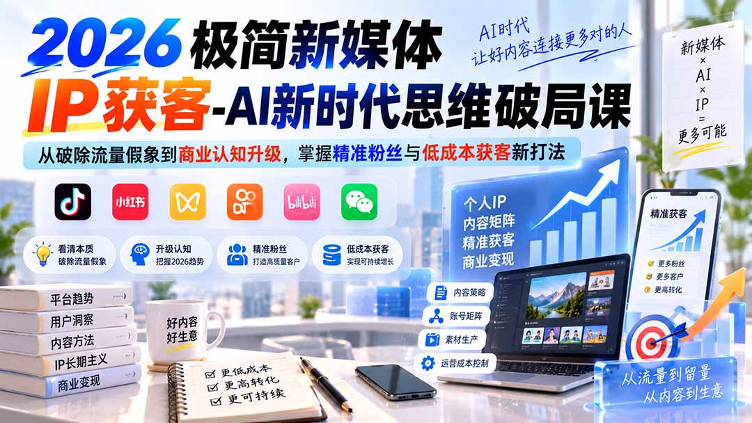 2026极简新媒体IP获客-AI新时代思维破局课：从破除流量假象到商业认知升级，掌握精准粉丝与低成本获客新打法