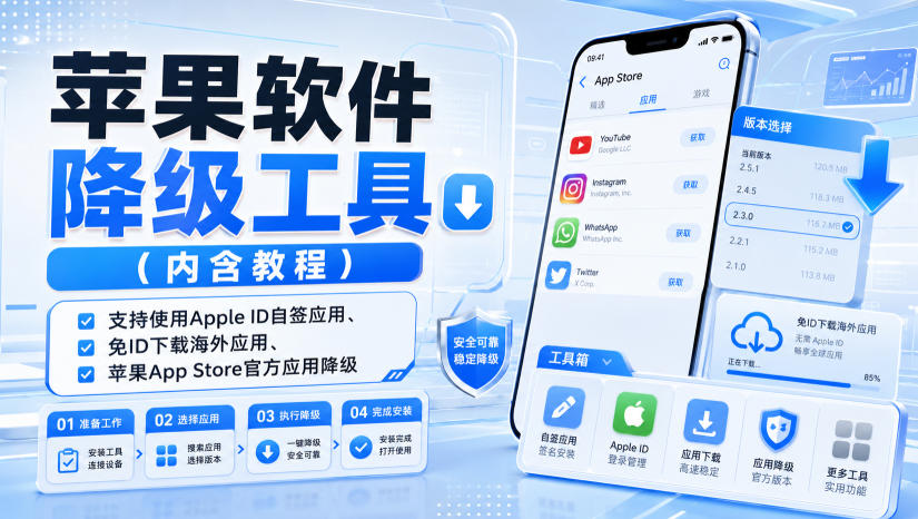 苹果软件降级工具(内含教程)，支持使用Apple ID自签应用、免ID下载海外应用、苹果App Store官方应用降级等