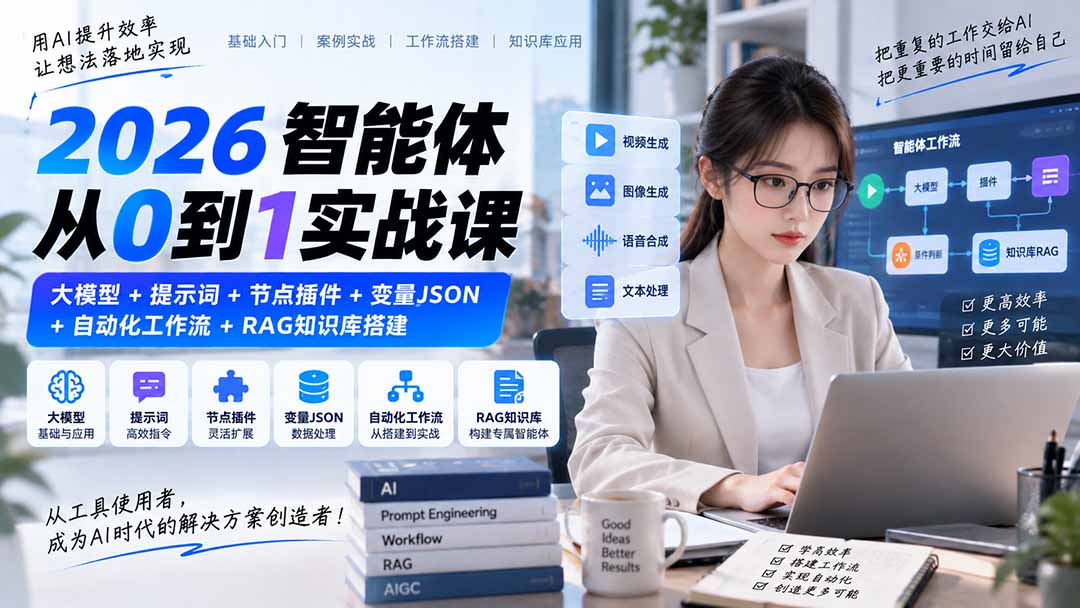 2026智能体从0到1实战课｜大模型+提示词+节点插件+变量JSON+自动化工作流+RAG知识库搭建