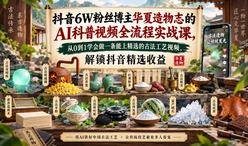 抖音6W粉丝博主华夏造物志的AI科普视频全流程实战课，从0到1学会做一条能上精选的古法工艺视频，解锁抖音精选收益