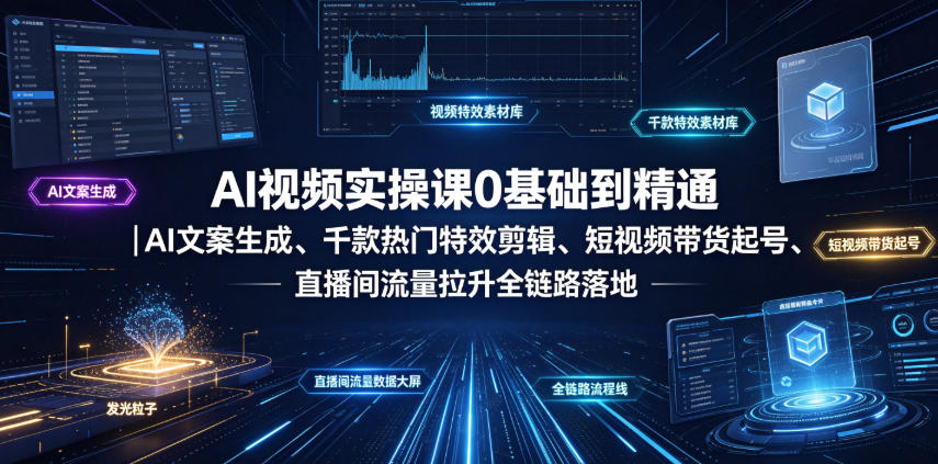 AI视频实操课0基础到精通｜AI文案生成、千款热门特效剪辑、短视频带货起号、直播间流量拉升全链路落地