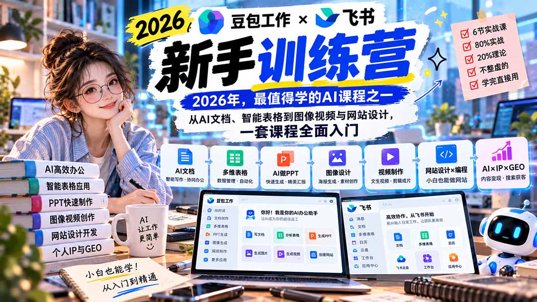 2026豆包工作+飞书新手训练营-9月新课：从AI文档、智能表格到图像视频与网站设计，一套课程全面入门