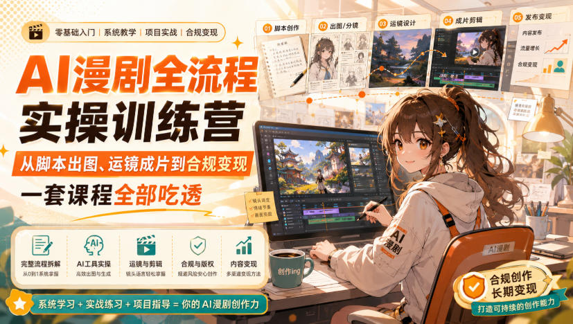 AI漫剧全流程实操训练营,从脚本出图、运镜成片到合规变现,一套课程全部吃透