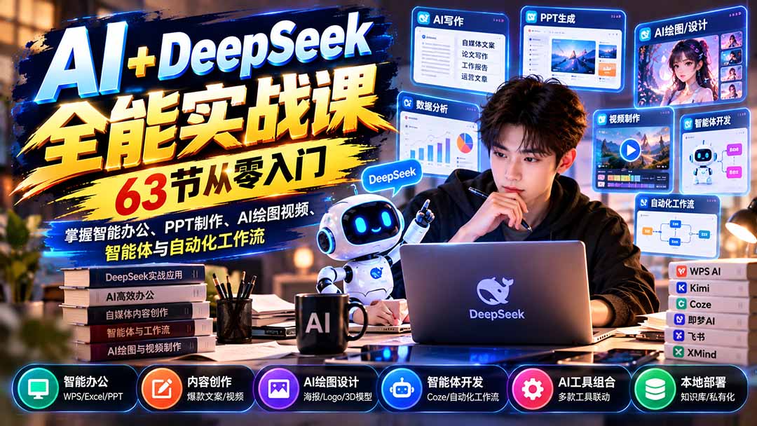 AI+DeepSeek全能实战课：63节从零入门，掌握智能办公、PPT制作、AI绘图视频、智能体与自动化工作流