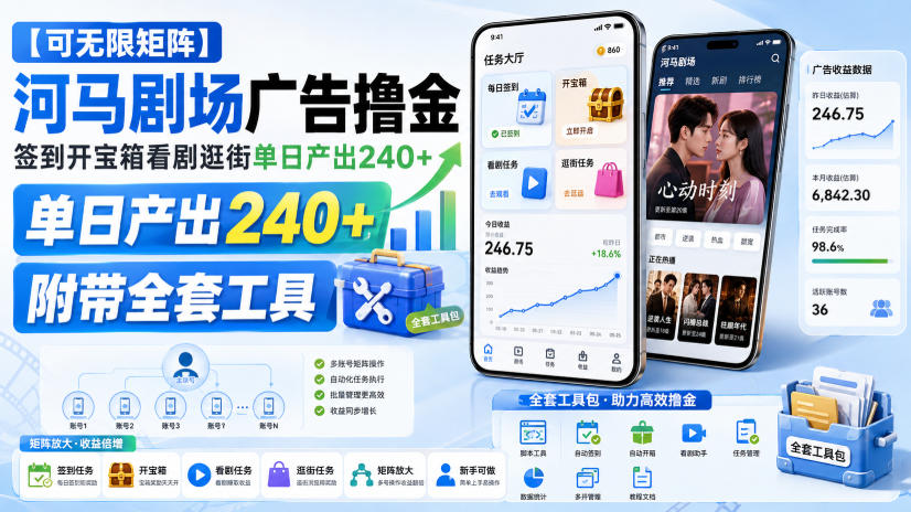 【可无限矩阵】河马剧场广告撸金，签到开宝箱看剧逛街单日产出240+，附带全套工具【揭秘】