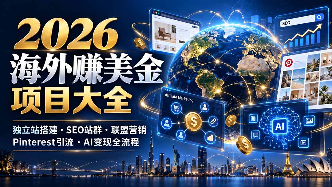 2026海外赚美金项目大全：独立站搭建、SEO站群、联盟营销、Pinterest引流与AI变现全流程