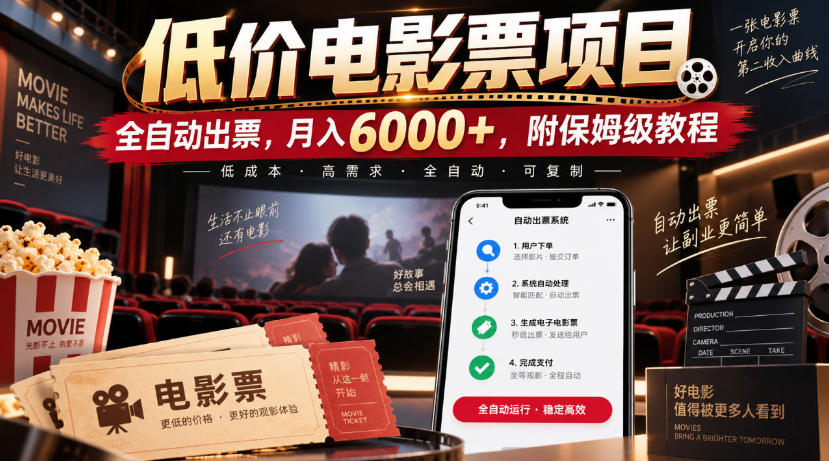 低价电影票项目，全自动出票，月入6000+，附保姆级教程【揭秘】