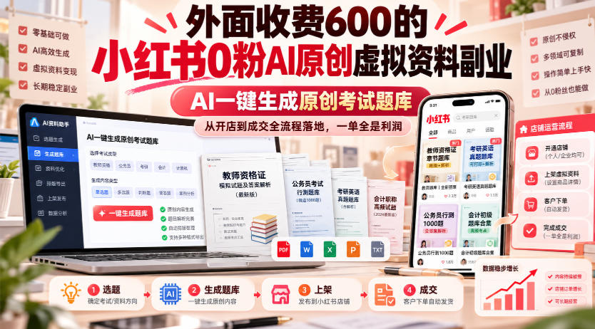 外面收费600的小红书0粉AI原创虚拟资料副业，AI一键生成原创考试题库，从开店到成交全流程落地，一单全是利润
