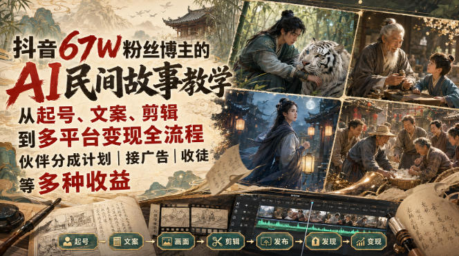抖音67W粉丝博主的AI民间故事教学，从起号、文案、剪辑到多平台变现全流程，伙伴分成计划接广告等多种收益，月入1W+
