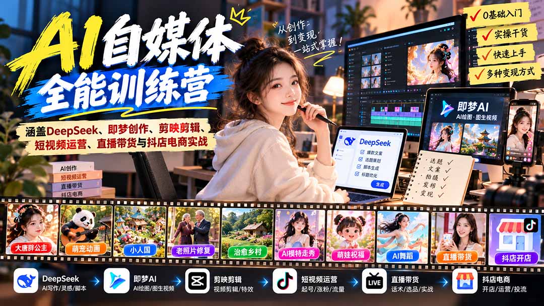 【无水印】AI+自媒体全能训练营：涵盖DeepSeek、即梦创作、剪映剪辑、短视频运营、直播带货与抖店电商实战