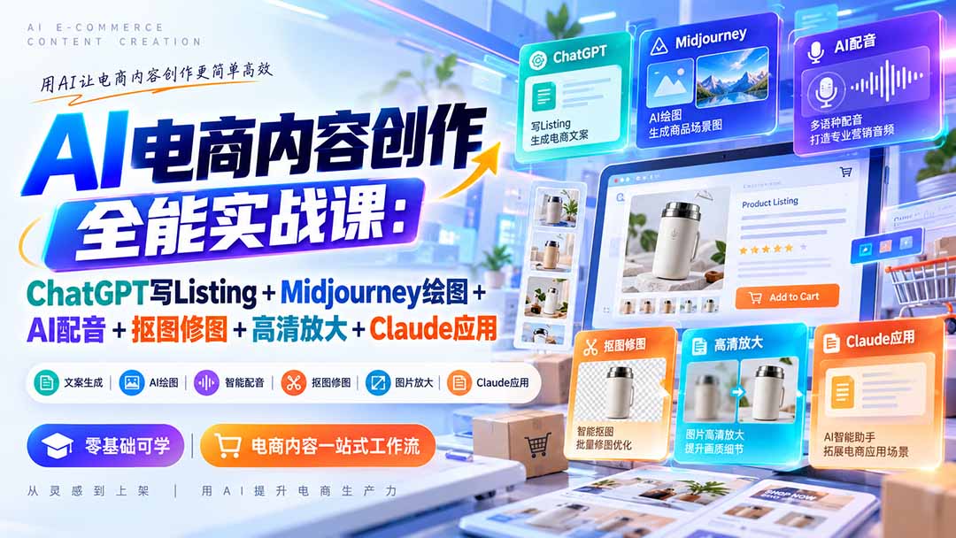 【无水印】AI电商内容创作全能实战课：ChatGPT写Listing+Midjourney绘图+AI配音+抠图修图+高清放大+Claude应用