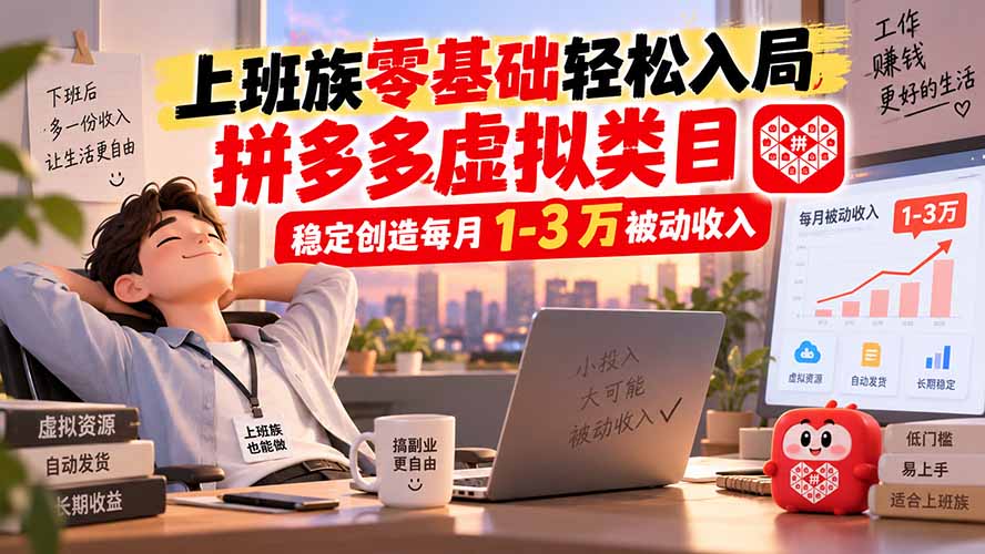 上班族零基础轻松入局，拼多多虚拟类目，稳定创造每月 1-3 万被动收入