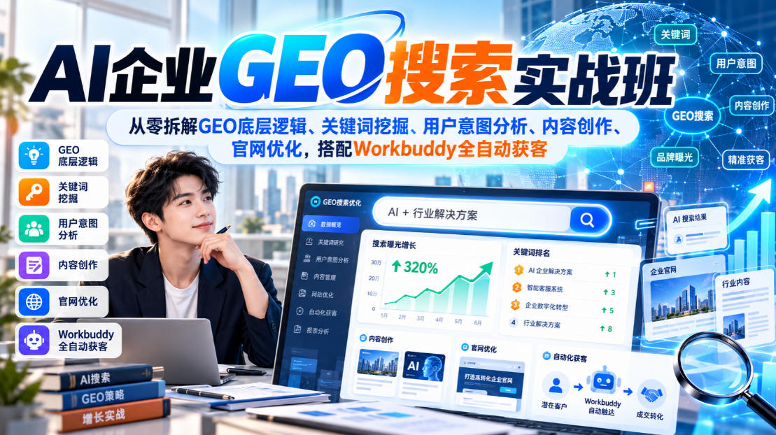 AI企业GEO搜索实战班，从零拆解GEO底层逻辑、关键词挖掘、用户意图分析、内容创作、官网优化，搭配Workbuddy全自动获客