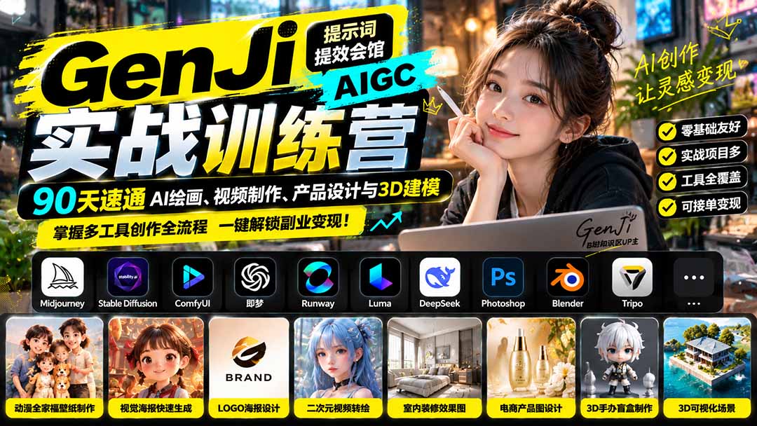 GenJi AIGC实战训练营：90天速通AI绘画、视频制作、产品设计与3D建模，掌握多工具创作全流程